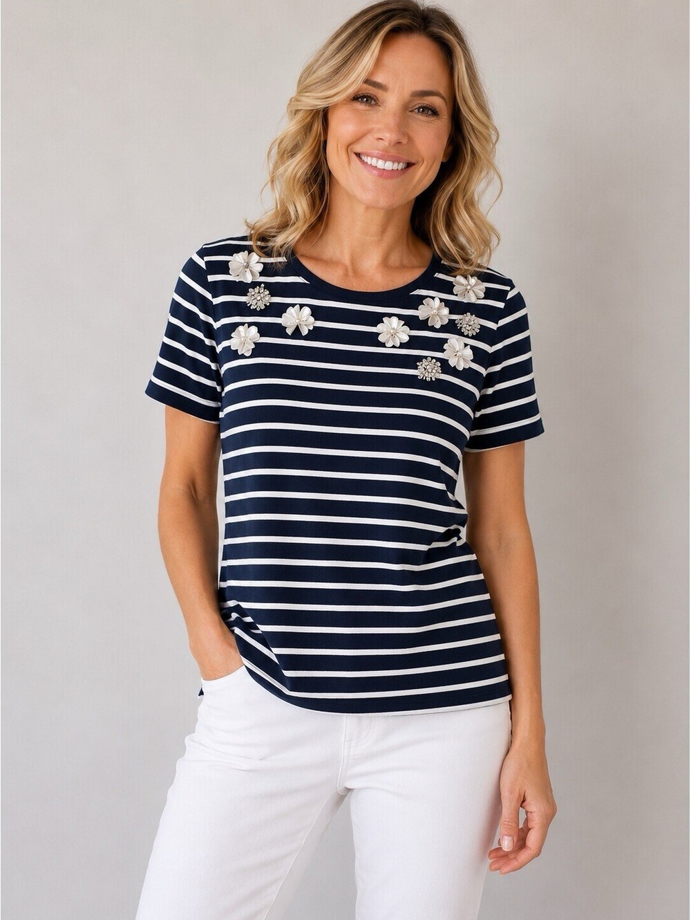 Talbots Petite Medium Navy White Striped Beaded Cotton Tee MP Nautical Preppy